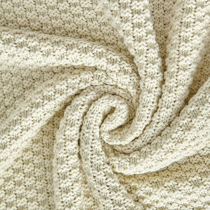 Longhui bedding Cream Knitted Throw Blanket for Couch, Soft, Cozy Machine Washable 100% Cotton Sofa Knit Blankets, Heavy 3.0lb Weight, 51 x 63 Inches, Beige Color
