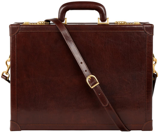 Time Resistance Leather Attache Case - Full Grain Italian Leather Briefcase - Laptop Bag up to 15” - Hard Case with Lock (Brown)