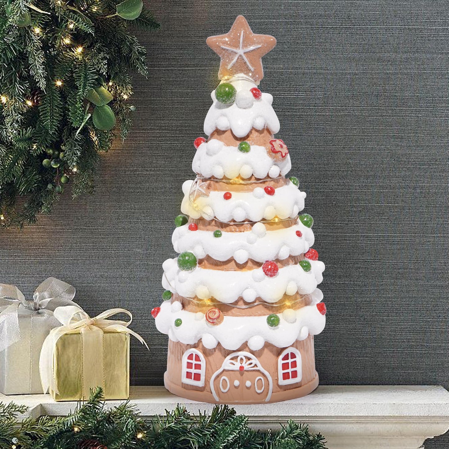 Hodao Christmas Village House Decorations Gingerbread House with Xmas Tree Theme, Battery-Powered (2 AAA) 8.6" H Resin Christmas Tree Decor for Indoor Festive Home or Party (Tree-1)