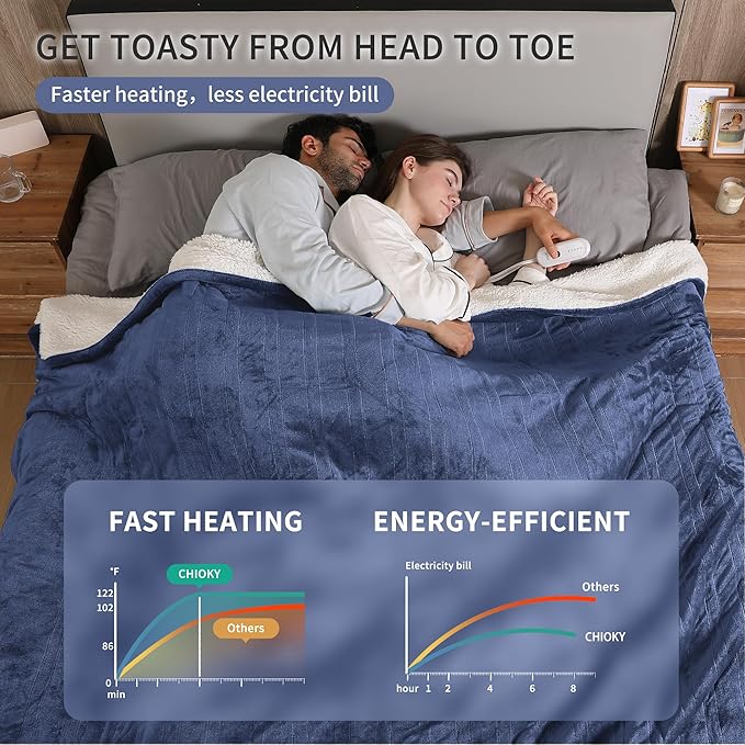 Electric Heating Blanket Queen Size, Cozy Flannel Sherpa Heated Electric Blanket with 5 Heating Levels & 10 Hours Auto Off, Overheat Protection, Machine Washable Heated Blanket, 84" x 90", Navy Blue