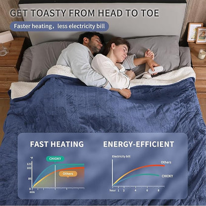 Electric Heating Blanket Queen Size, Cozy Flannel Sherpa Heated Electric Blanket with 5 Heating Levels & 10 Hours Auto Off, Overheat Protection, Machine Washable Heated Blanket, 84" x 90", Navy Blue