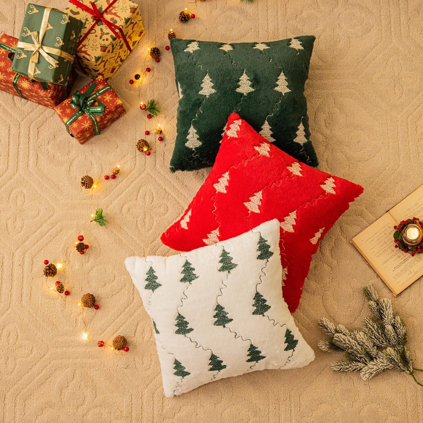 AQOTHES Christmas Tree Embroidered White Throw Pillows Cover 18x18 Inch, Set of 2 Packs Winter Soft Fluffy Decorative Throw Pillows Covers Decor for Home Sofa Couch Bed Room