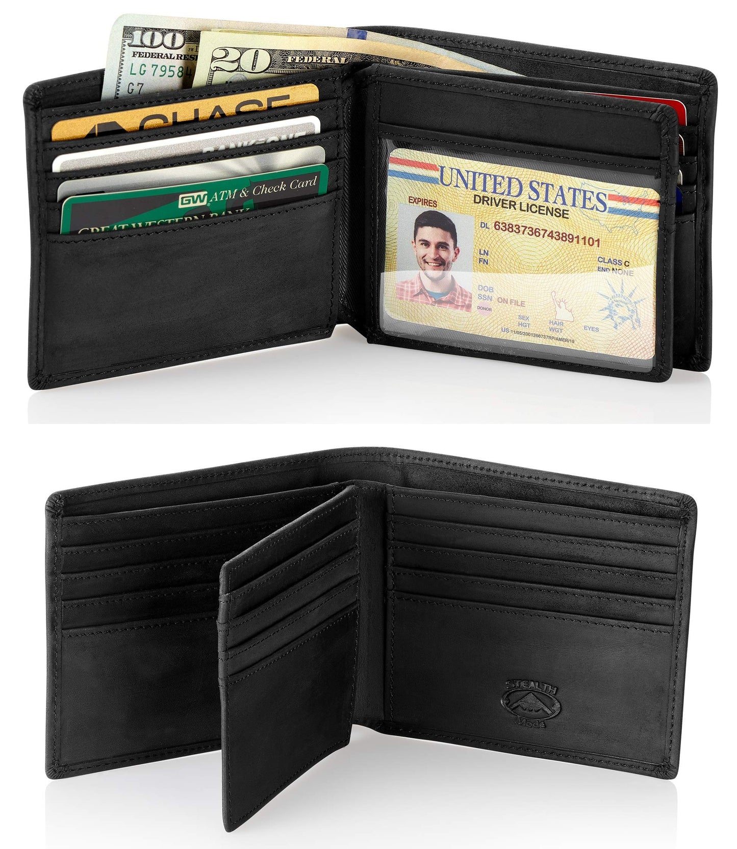 Stealth Mode Leather Bifold Wallet for Men With ID Window and RFID Blocking