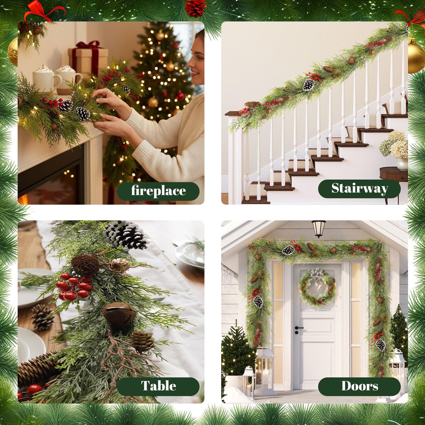 6FT Christmas Cedar Garland with Lights,Artificial Realistic Battery Operated Green Garland Christmas Decorations for Home Mantel Stairs Railing Dining Table Winter Decor