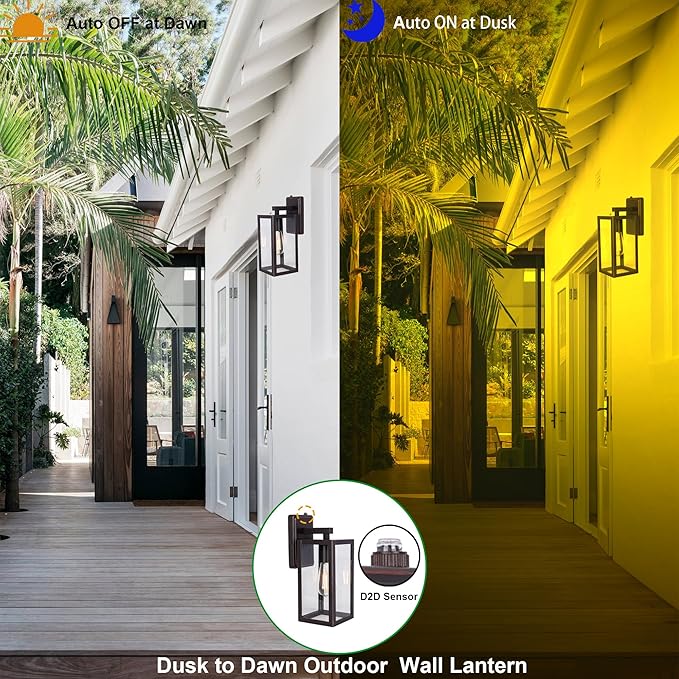 LIT-PaTH Dusk to Dawn Outdoor Wall Lantern, Wall Sconce as Porch Lighting Fixture, E26 Medium Base Max 60W, Anti-Rust Metal with Glass Shade, Oil Rubbed Bronze Finish, 2-Pack