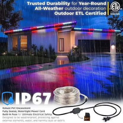 WYZworks 3312LEDs, 300ft LED USA Patriotic American Red White Blue Outside Rope Lights, Outdoor ETL Certified Waterproof Permanent 360 Degree Light, Flexible Tube, Connectable, Palm Tree Exterior