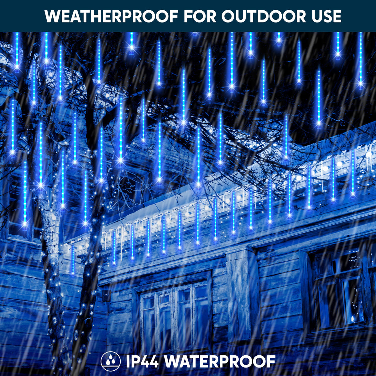 JOYIN Christmas Lights Outdoor,8 Tubes Meteor Shower Lights Blue,192 LEDs, Snowfall Icicle Cascading Rain Light for Christmas Tree Decorations, Wedding Party Holiday Decor