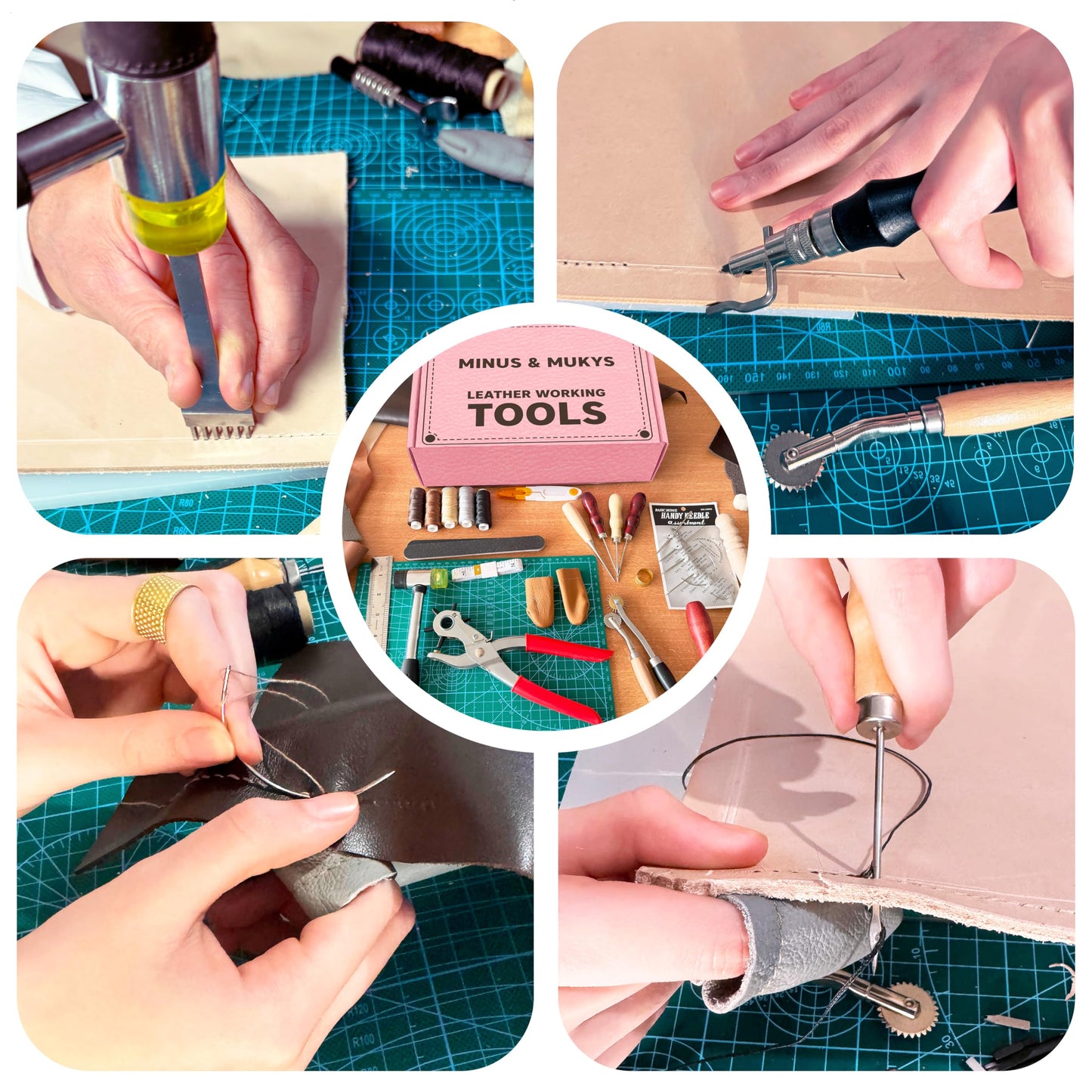 MINUS MUKYS Leather Working Kit Complete Leather Tools Set for Crafts Shoe Repair Kit Belts Includes Hole Puncher for Crafts Sewing Tools Awl Stitching Tool Cutting Mat Ideal for Beginners