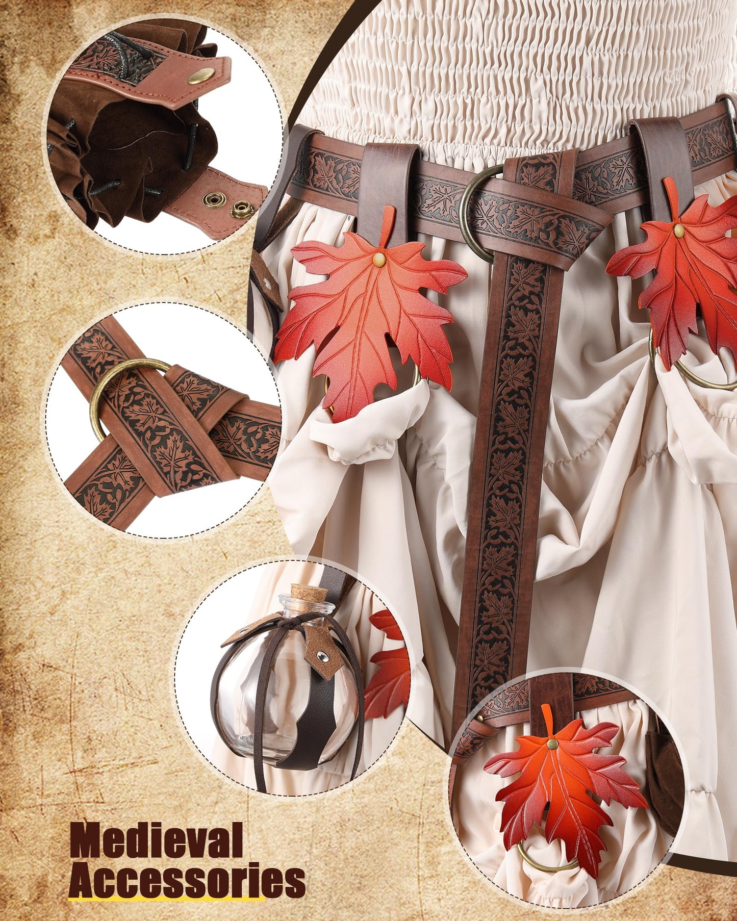 Sweetude 6 Pcs Renaissance Belt Accessories Medieval Viking Belt Potion Bottles Leather Pouch Skirt Hikes(Brown,Brown Leaf Style)