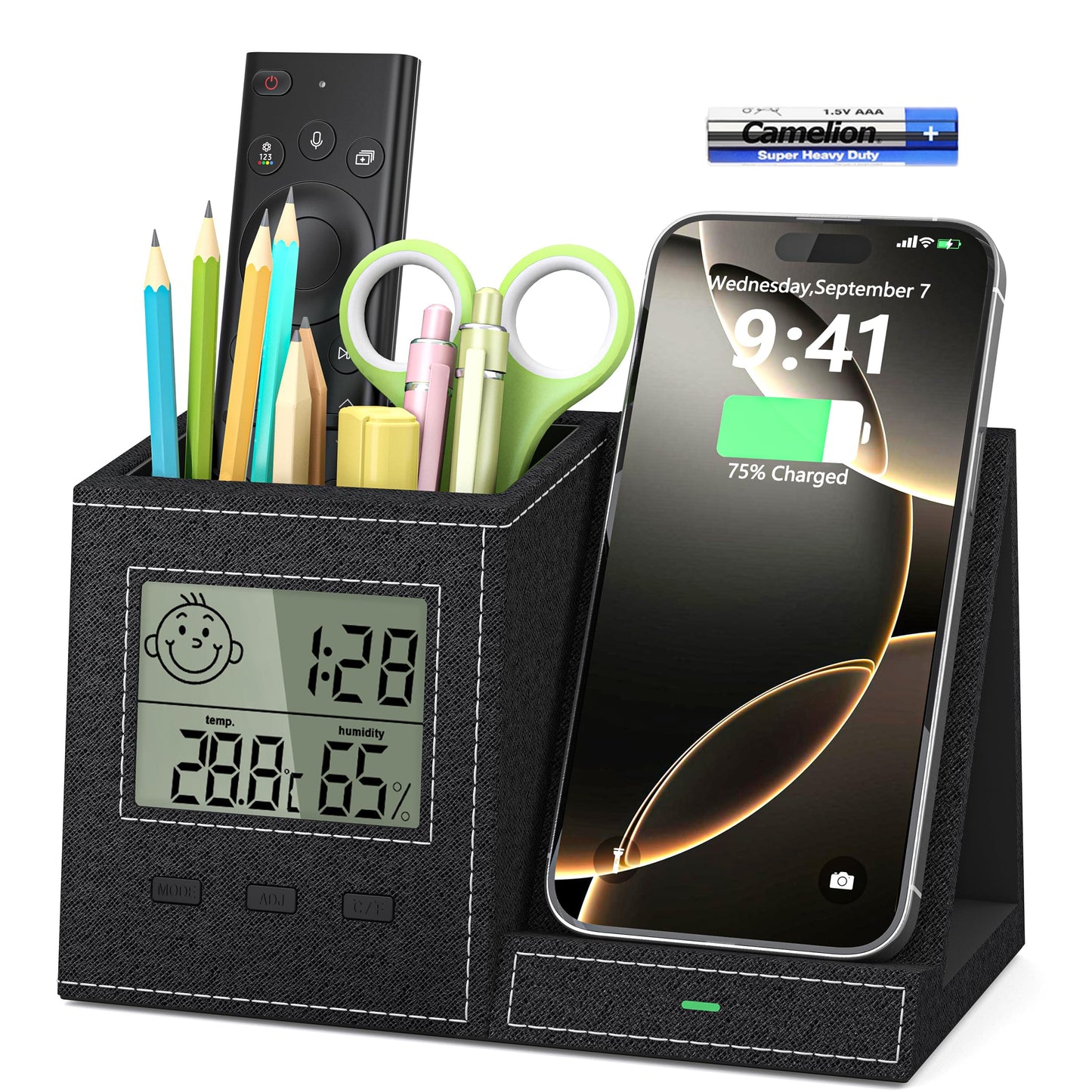 Multifunctional Pen Holder and Organizer for Desk with Wireless Charger, Digital Indoor Thermometer and Humidity Gauge, Home Office Organizers and Storage (Battery Included)