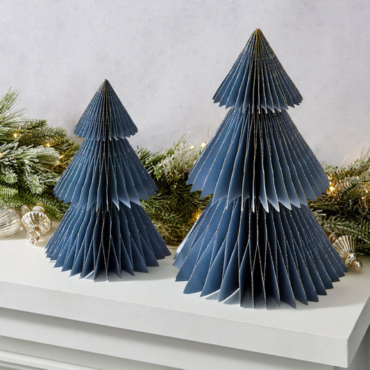 LampLust Paper Christmas Tree Decor, 2 Pack Dusty Blue Honeycomb Paper Trees, 10" & 12", Blue Decor, Winter Wonderland Decorations, Winter Table Centerpieces, Winter Decorations, Mini Ornaments
