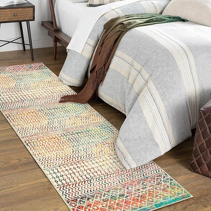 Moroccan Hallway Runner Rug 2x6, Ultra Soft Non Slip Bathroom Runner Rug, Low-Pile Washable Hallway Rug Front Door Mat Neutral Rug for Bathroom Laundry Room Bedroom