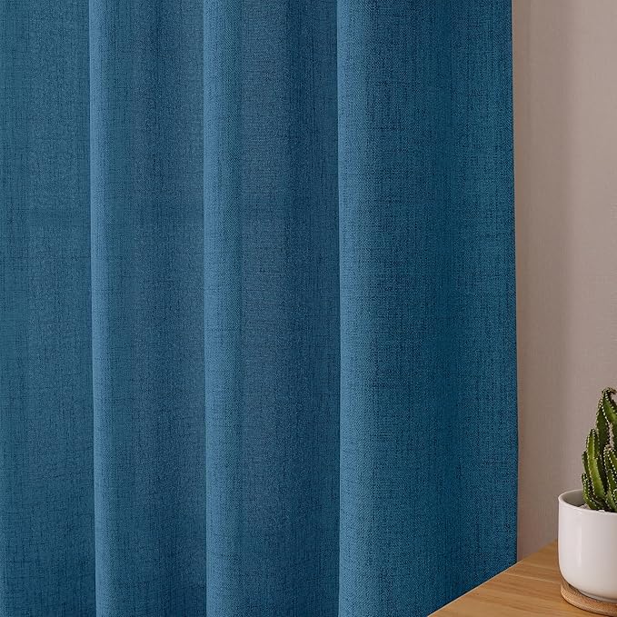 Tollpiz Linen Curtain Living Room Rod Pocket Semi Sheer Curtains Burlap Light Filtering Thick Linen Drape for Bedroom, 54 x 72 inches Long, Classic Blue, Set of 2 Panels