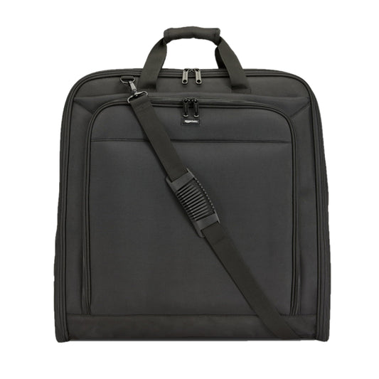 Amazon Basics 46" Premium Garment Bag for Travel, Suit Bag with Shoulder Strap for Suits and Dresses, 1680D Polyester Fabric, Exterior/Interior Pockets, Leather-reinforced Corners, Trifold, Black