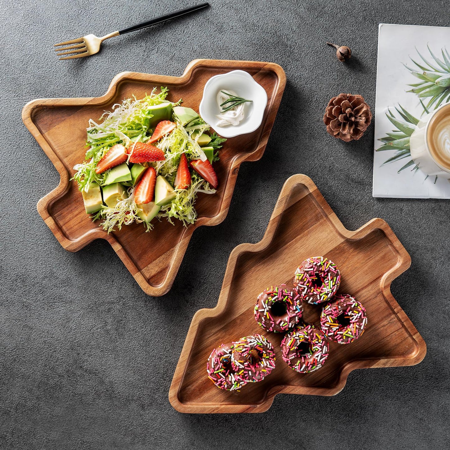 BF BILL.F SINCE 1983 Wooden Serving Tray - Decorative Serving Platters and Trays Set of 2 Christmas Tree Shape Wood Platters for Entertaining, Breakfast, Coffee Table, Home Decor