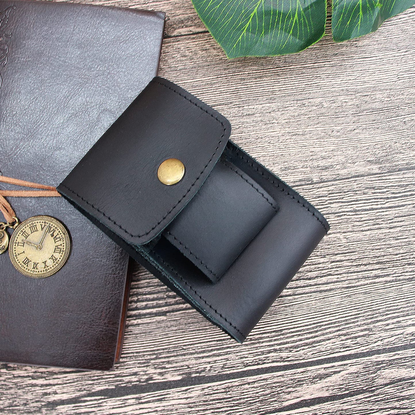 Boshiho Cowhide Leather Cigarette Case with Lighter Holder Tobacco Pouch Best Gift for Men Women (Black)