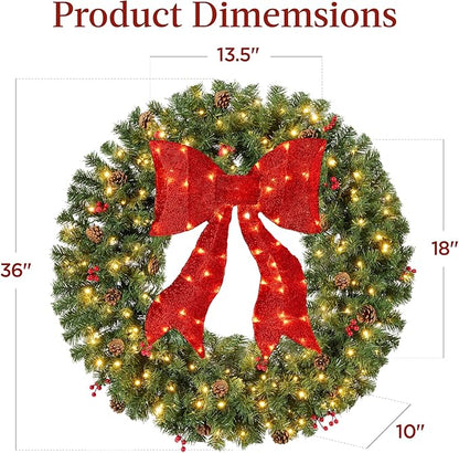 Best Choice Products 36in Pre-Lit Christmas Wreath w/Berries & Pinecones, Large Artificial Indoor/Outdoor Decor for Door, Mantel w/Red Bow, Plug-in