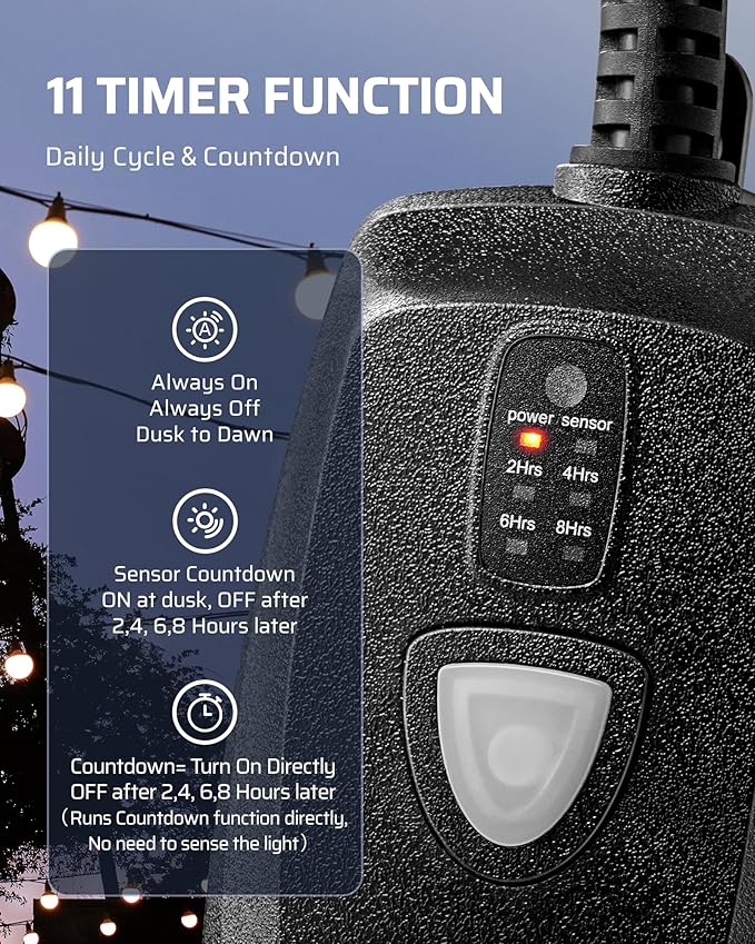 DEWENWILS Outdoor Timer Outlet Waterproof, 15A 1/2HP, 2 Grounded Outlets, 100FT Remote Control, Black, FCC Listed