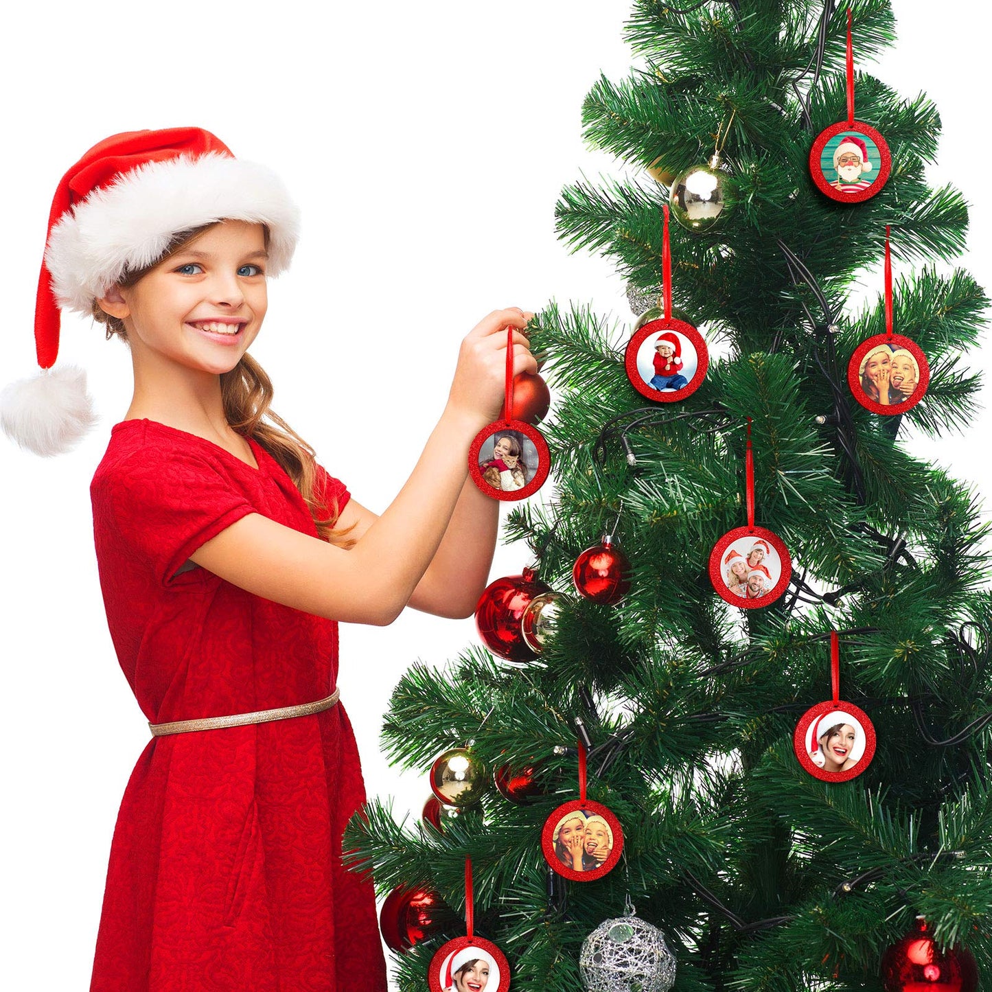 Jetec 20 Pcs Christmas Picture Ornaments Christmas Photo Ornaments Felt Glitter Hanging Round Picture Frame for Xmas Tree Stockings Decorations