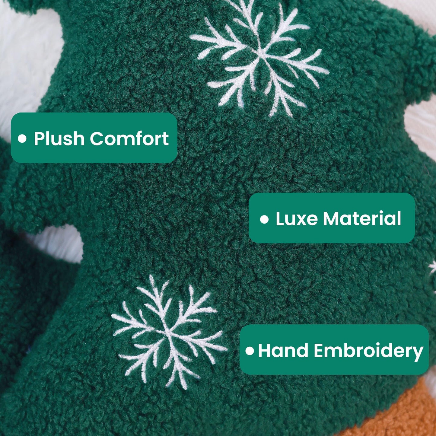 LARMOY 3 Pcs Christmas Tree Throw Pillows, 16" Cute Plush Stuffed Xmas Tree Shaped Decorative Pillows with Snowflake for Bedroom Outdoor Sofa Couch Home Winter Party Cushion Decorations