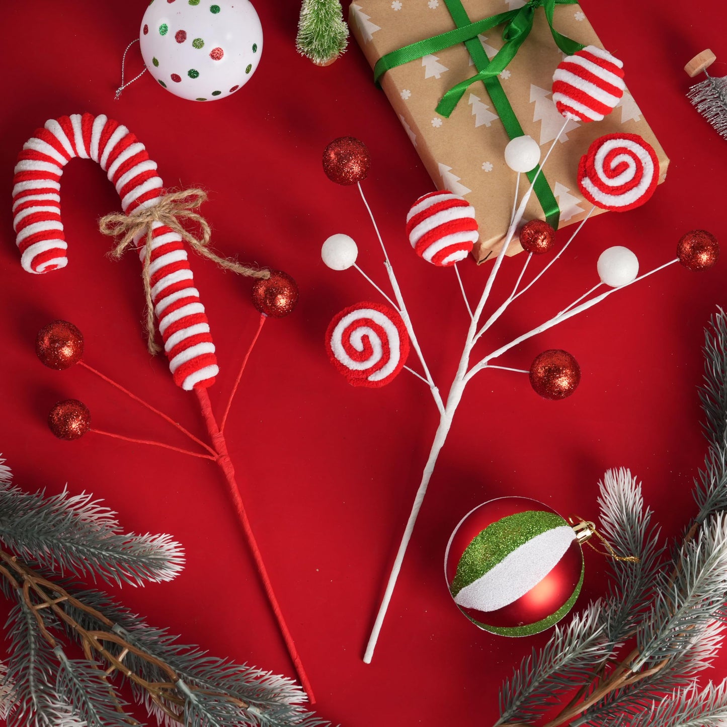 5pcs Candyland Christmas Tree Picks Candy Cane Tree Topper, Red and White Christmas Tree Decorations with Glitter, Curly Lollipop Candy Picks for Xmas Holiday Wreath Vase Party Decor