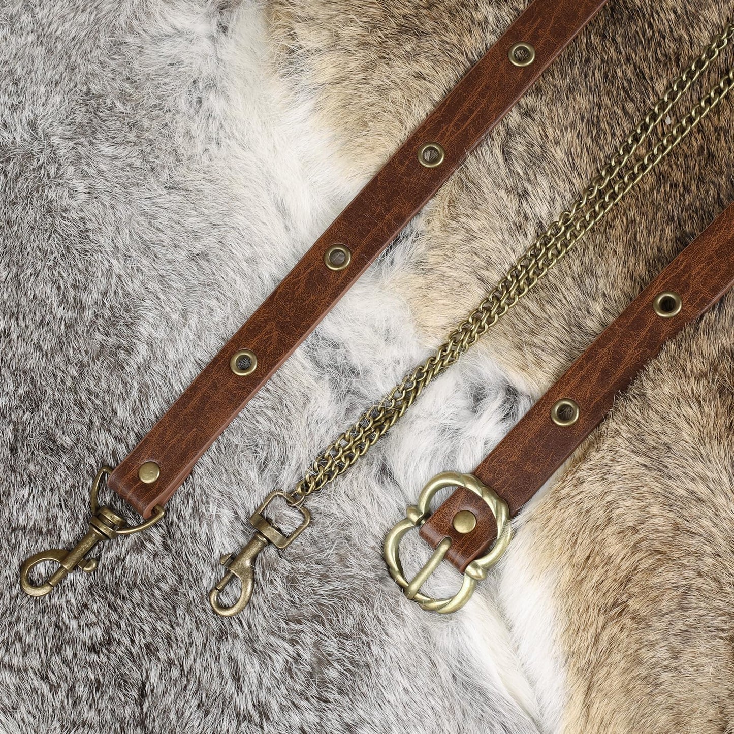 HiiFeuer Medieval DIY Faux Leather Metal Chain Belt, Vintage Adjustable Thin Belt For Women, Retro Skinny Belt For Dresses (Brown B)