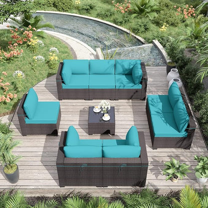 ALAULM 9 Pieces Outdoor Patio Furniture Set Sectional Sofa Sets Brown PE Rattan Patio Conversation Set w/8 Blue Seat Cushions and 1 Coffee Table