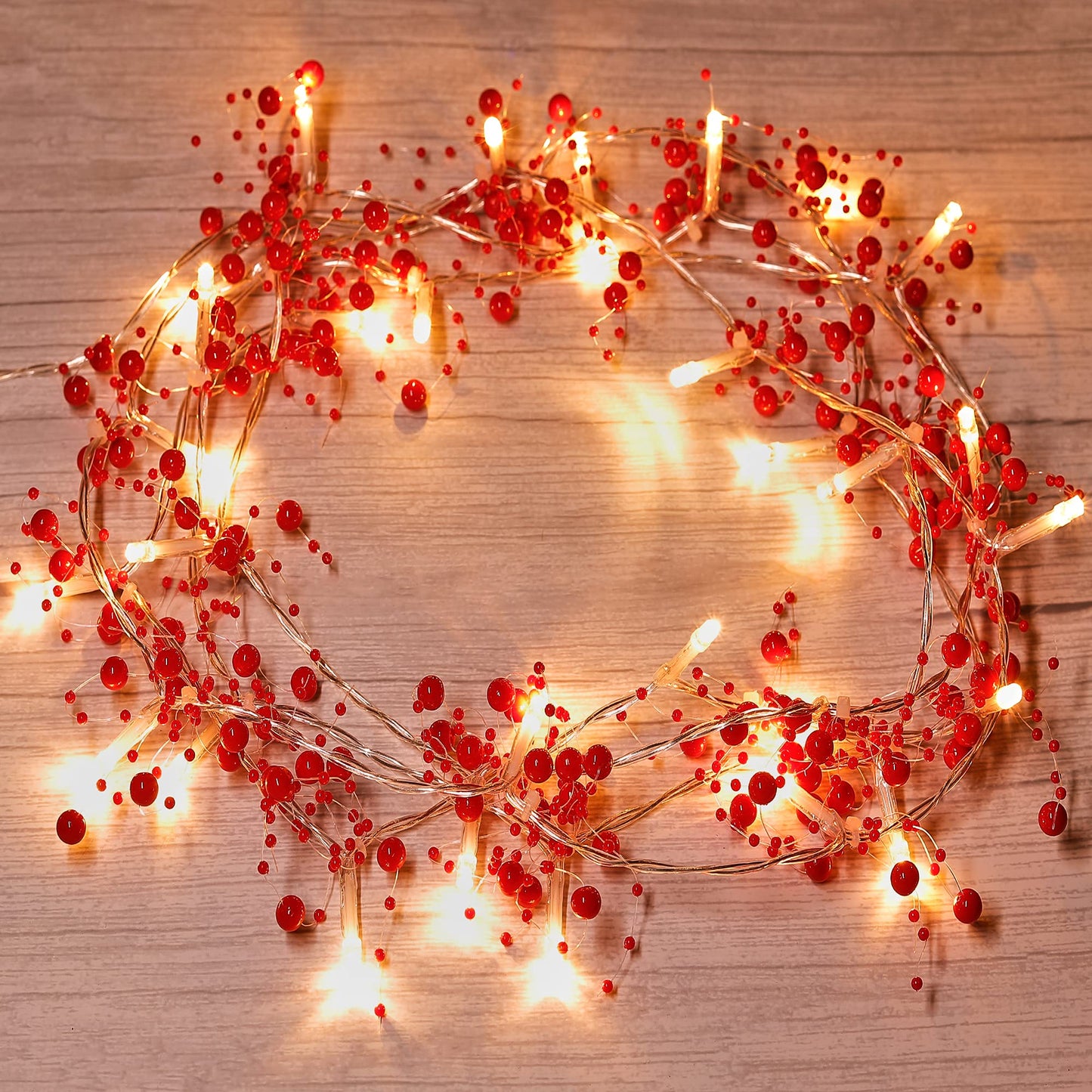 Mosoan 10FT 30 LED Christmas String Lights Battery Operated, 2 Light Modes Xmas Lighted Red Berry Garland for Christmas Tree Fireplace Decoration Indoor