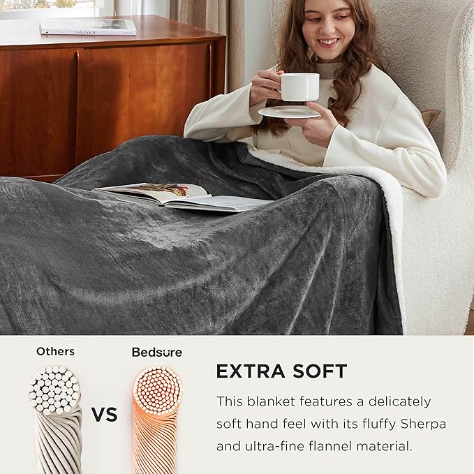 Bedsure GentleSoft Sherpa Fleece Oversized Cal King Blankets for Bed - Thick and Warm Throw for Men, Soft Fuzzy Plush Large Blanket for Winter, Charcoal, 112x98 Inches