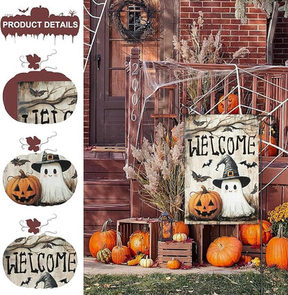 Halloween Garden Flag, 12x18 Inch Halloween Flag, Welcome Yard Flag with Ghost, Pumpkin for Outdoor Porch Decorations