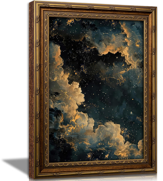 Vintage Gold Framed Moody Celestial Canvas Wall Art Retro Cloud Abstract Night Sky Stars Art Painting Picture Wall Decor Maximalist Gothic Poster Print Artwork for Living Room Bedroom