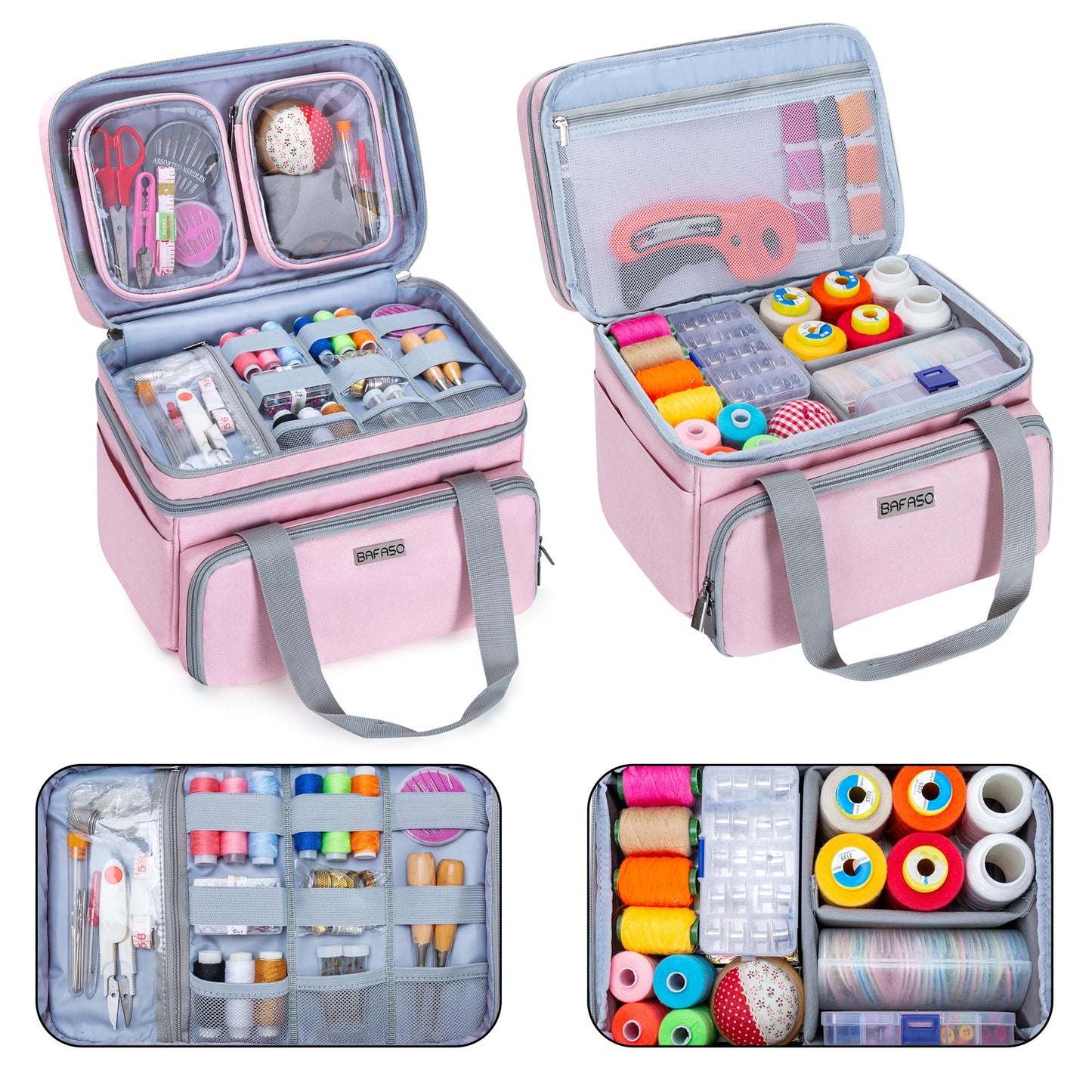 BAFASO Double Layer Sewing Accessories Organizer with 2 Detachable Pouches, Large Sewing Storage Bag for Sewing Tools (Bag ONLY), Pink