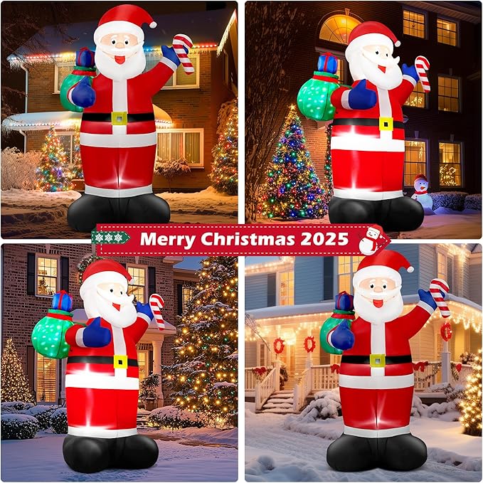 8 FT Christmas Inflatable Santa Claus Outdoor Blow Up Yard Decorations, Giant Blow Up Santa with Flashing Gift Bags & Candy, Build in LED Lights Xmas Decorations for Garden Holiday Party Lawn Decor