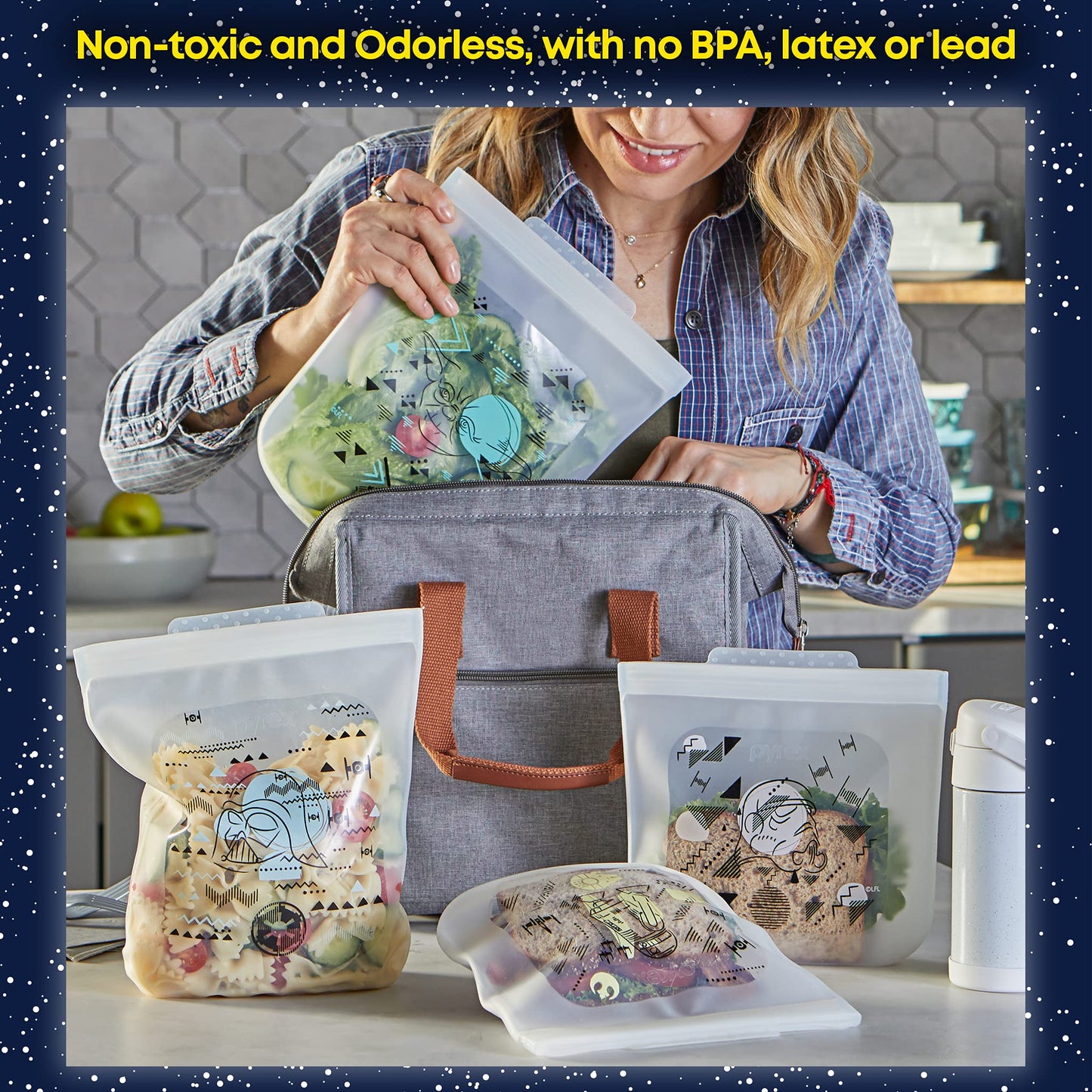 Pyrex Platinum Silicone 4-Pc Storage Set, 2 Reusable Sandwich Bags, 2 Reusable Half-Gallon Freezer Bags, Non-Toxic, BPA-Free, Airtight & Leak-Proof, Microwave, Freezer Safe, Star Wars