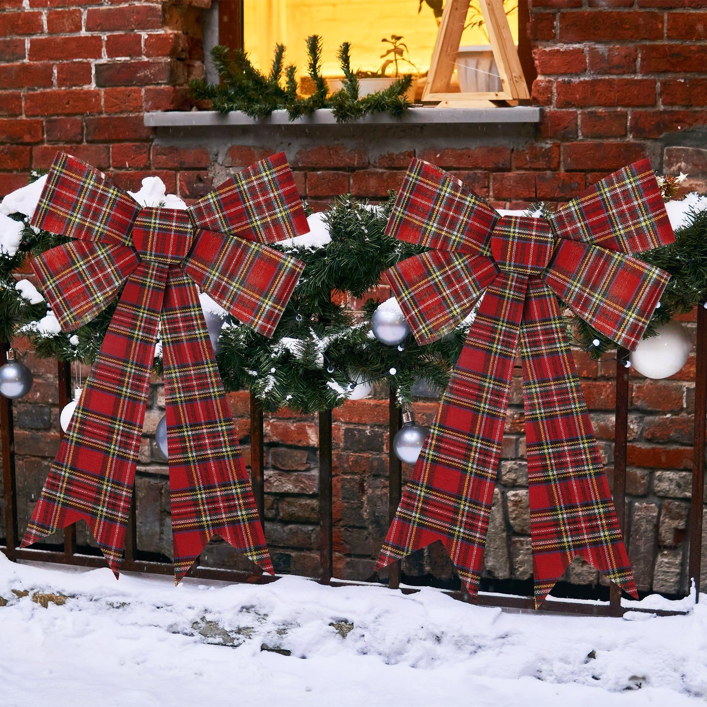 1 PCS Christmas Tree Bows, 9x12 In Large White Black Red Velvet Bows for Christmas Tree, Buffalo Plaid Plastic Big Christmas Bow for Xmas Decorations Wreath Stairs Railing Fireplace Front Door Decor