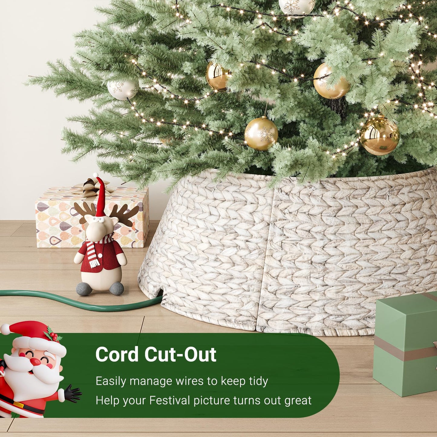 ELYKEN 28-Inch Woven Rattan Christmas Tree Collar, Stylish Hyacinth 5-Piece Tree Skirt for Artificial Trees, Wicker Tree Base Cover with Cord Cut-Out for Home Decor, Living Room Display, White Wash