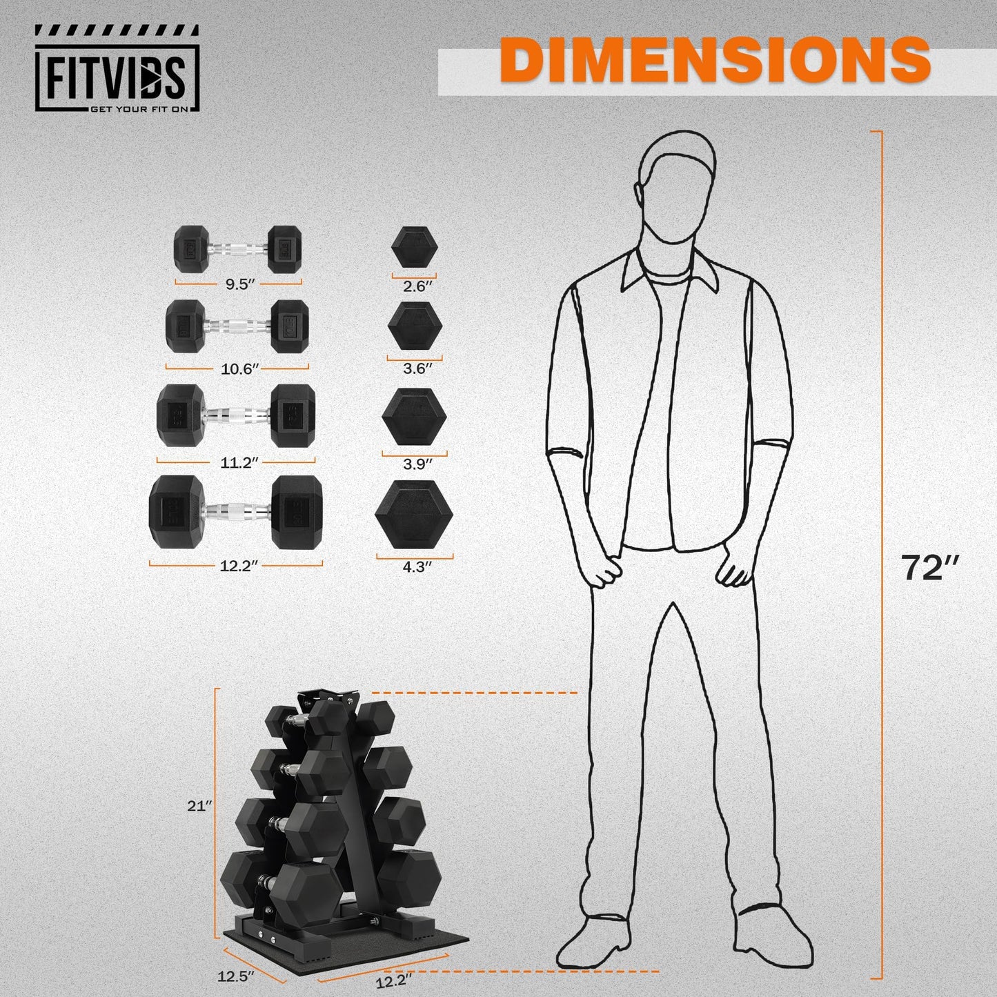 Fitvids Fitvids Rubber Coated Hex Dumbbell Weight Set and Storage Rack, 100LBS, 150LBS or 200LBS Set, 5-20 lbs, 5-25 lbs, 10-30 lbs Pairs