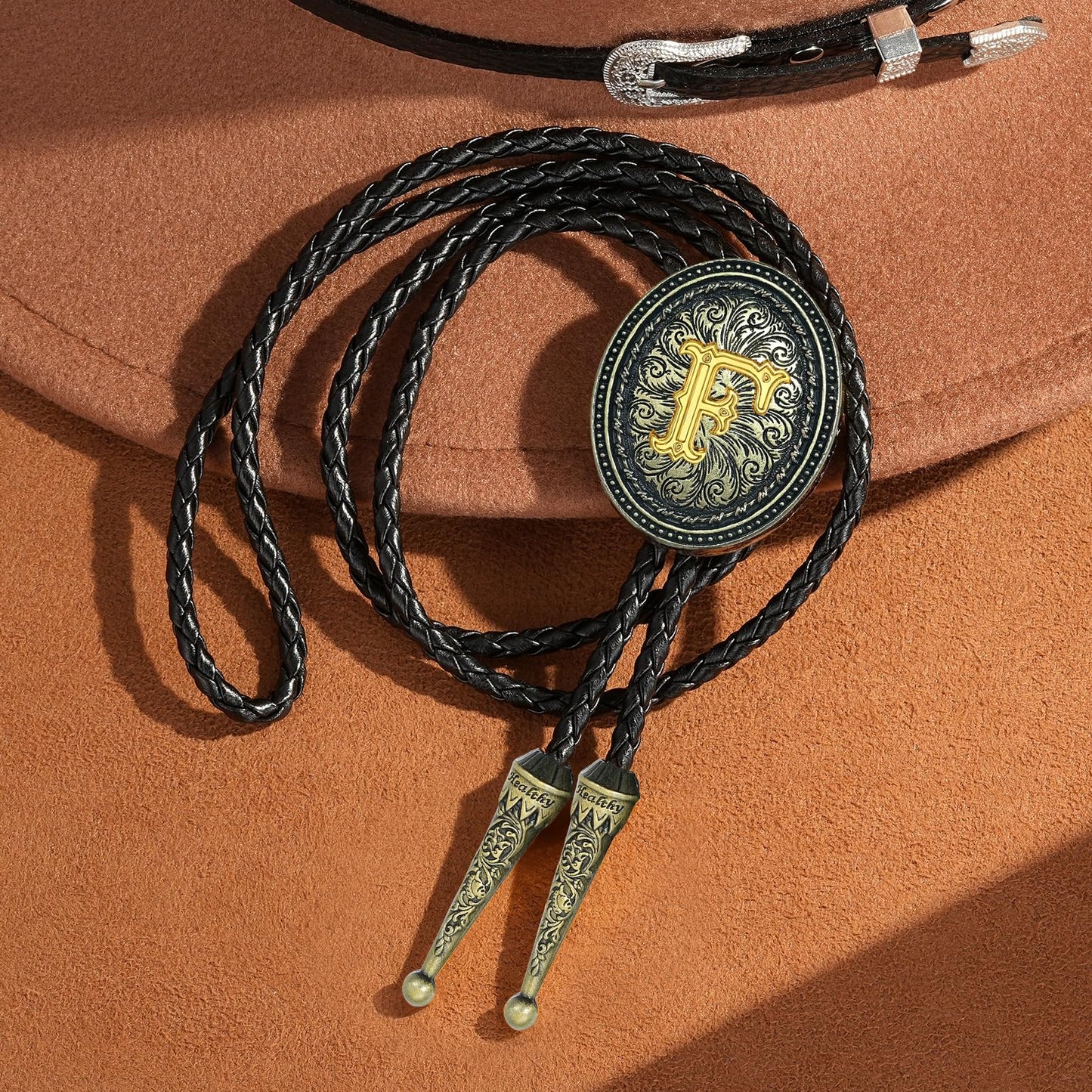 Sintcach Bolo Tie for Men Women, Western Cowboy Initial Letter Bolo Ties, Vintage Leather Necktie Western Accessories Cowboy Gifts, F