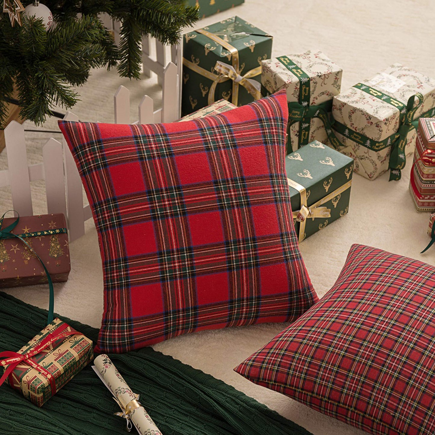 AQOTHES Pack of 2 Christmas Plaid Decorative Throw Pillow Covers Scottish Tartan Cushion Case for Farmhouse Home Holiday Decor Red and Green, 24 x 24 Inches