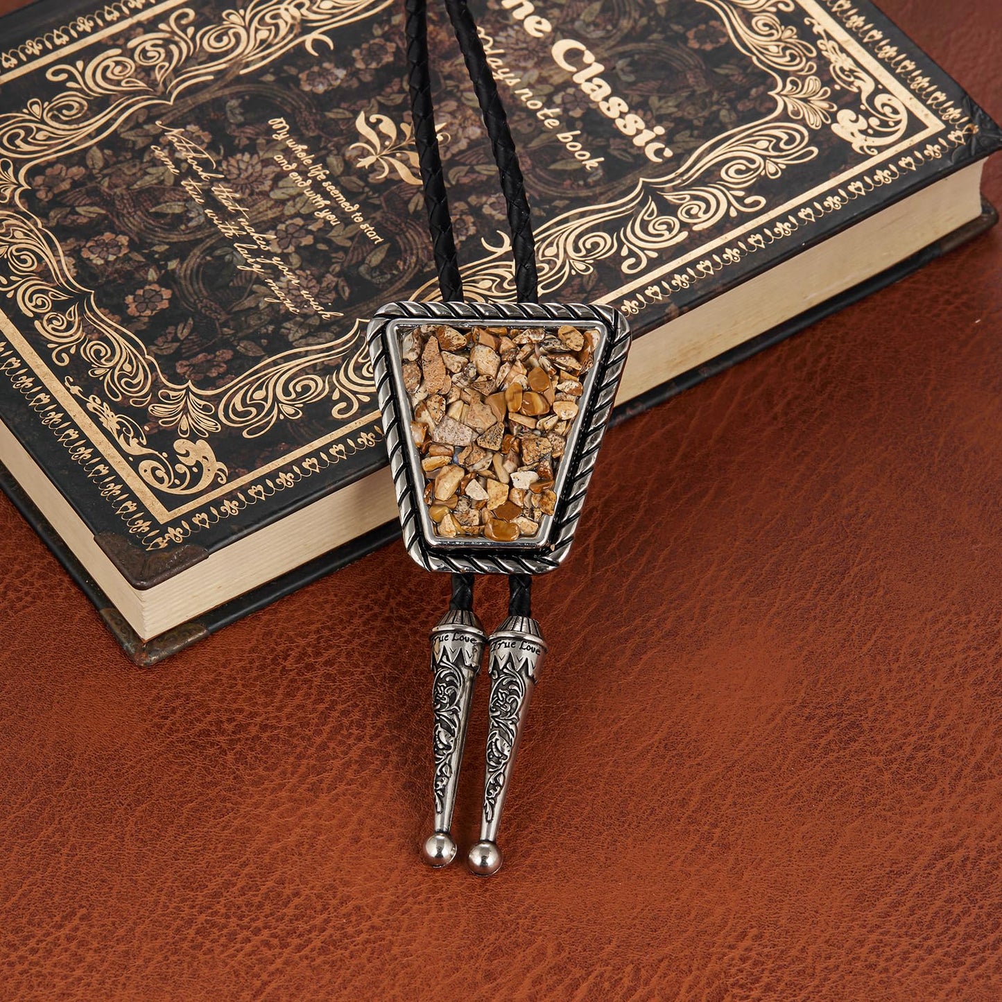 YOQUCOL Native American Khaki Color Crushed Stone Bolo Tie Hand-woven Leather Bola Ties Necklace for Men Women