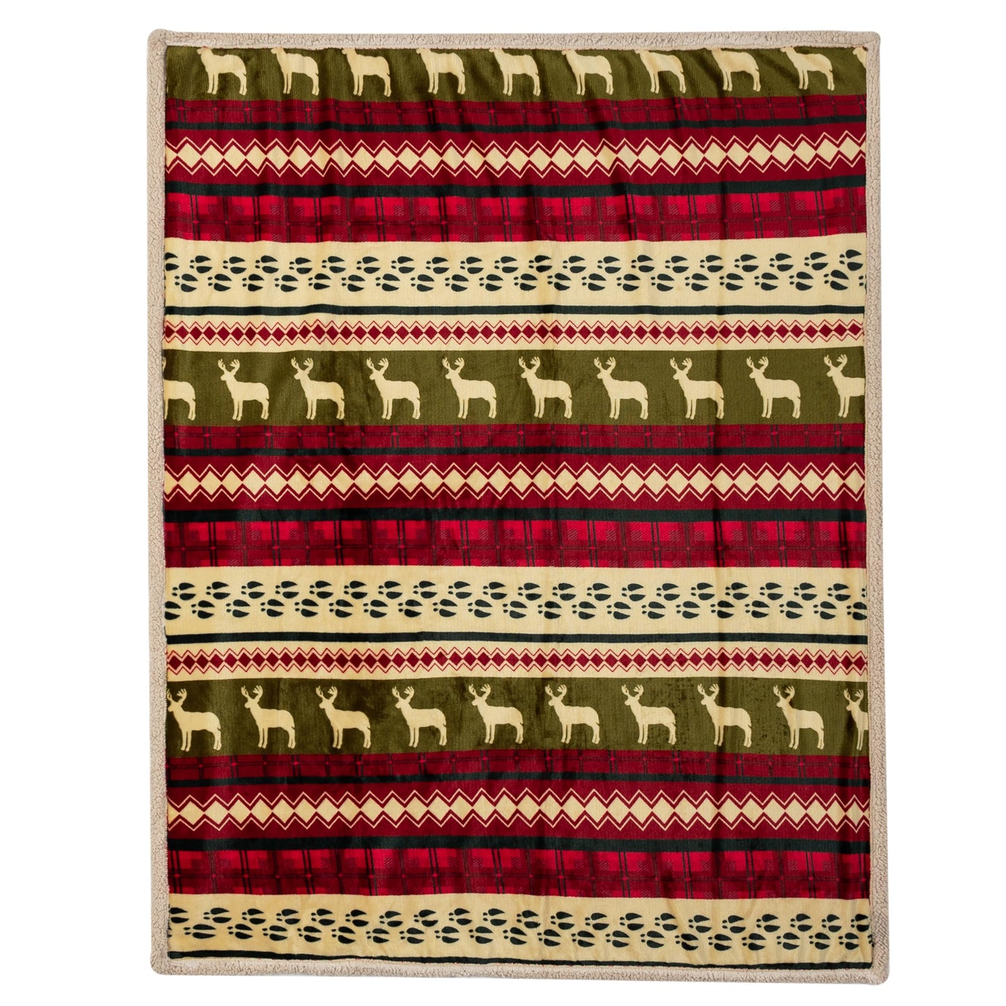 PAVILIA Premium Christmas Sherpa Throw Blanket, Green Red Cabin Design with Reindeer Print, Ultra Soft Reversible Fleece & Sherpa 50x60 Cozy Winter Blanket, Cozy Christmas & Holiday Decor