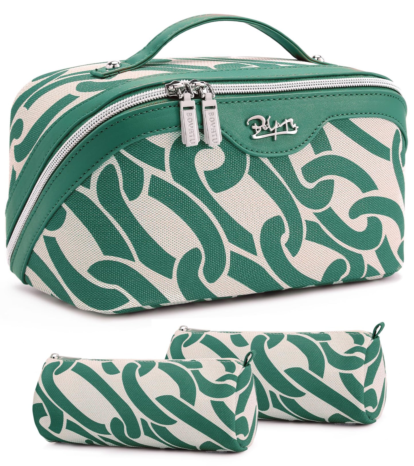 BOYATU Travel Makeup Bag for Women: Large Capacity 3-Piece Cosmetic & Toiletry Organizer - Expands Storage by 50% with 2 Detachable Pouches,Opens Flat for Easy Packing,Waterproof PU Leather(Green)