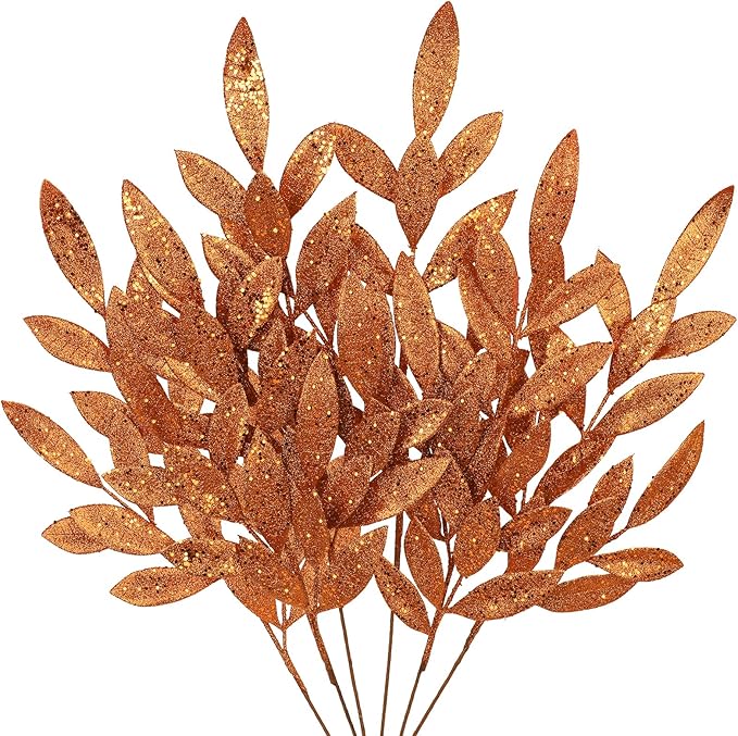 DILATATA 6Pcs Christmas Glitter Leaves Bay Leaves Spray 24" Artificial Orange Bay Leaf Picks Sprays Giltter Stems for Halloween Centerpiece Christmas Home Decor Home Decor - Orange