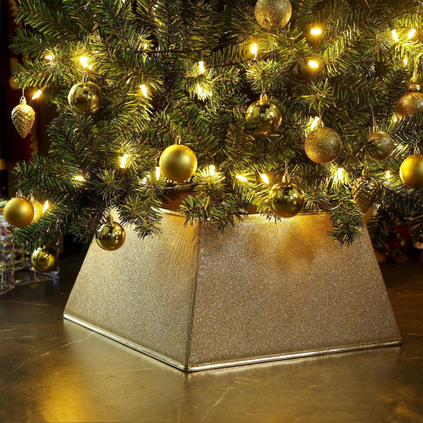 Blissun Fabric Christmas Tree Collar, Square Christmas Tree Ring, Glittering Willow Christmas Tree Skirt for Christmas Tree Decorations (Glitter Gold)