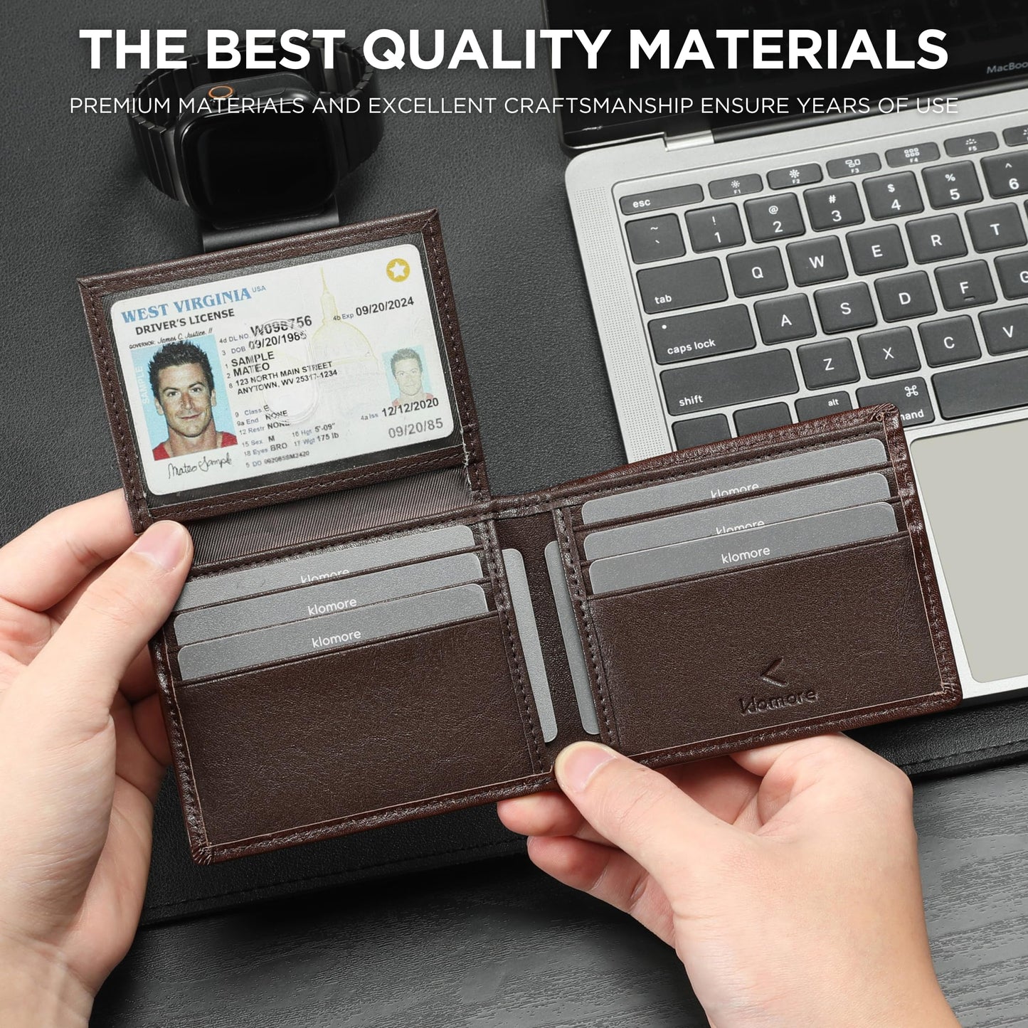 KLOMORE AirTag Chain Wallets for Men (Airtag Not Included), Sleek and Slim, RFID Blocking Genuine Leather Bifold Mens Wallet Includes ID Window Credit Card Holder with Sturdy Chain