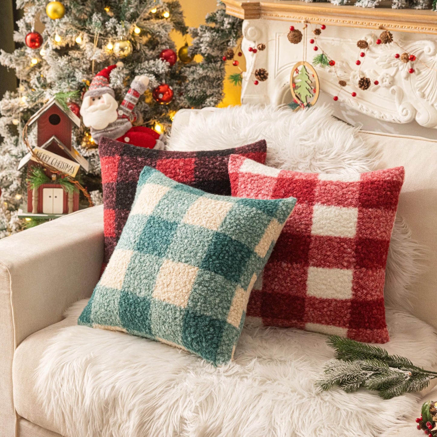 AQOTHES Red White Plaid Christmas Throw Pillow Covers 18x18 Inch Set of 2, Boucle Decorative Pillow Covers,Cozy Fluffy Home Living Room Farmhouse Decor for Sofa Couch Bed