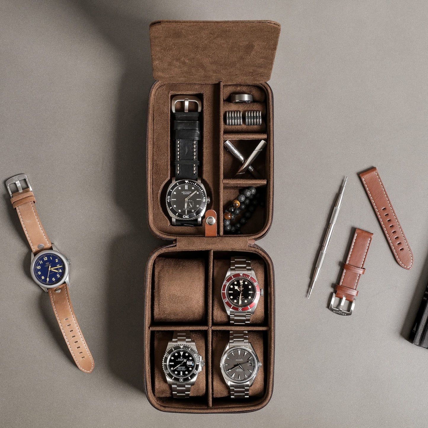 ROTHWELL 5 Watch Travel Case Storage Organizer for 5 Watches | Tough Portable Protection w/Zipper Fits All Wristwatches & Smart Watches Up to 50mm (Tan/Brown)