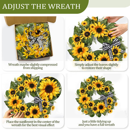 24 Inch Large Sunflower Spring Summer Wreath for Front Door, All Season Wreath with Bow Wreaths for Unique Housewarming Gift, Porch Wall Farmhouse Home Wedding Holiday Decor
