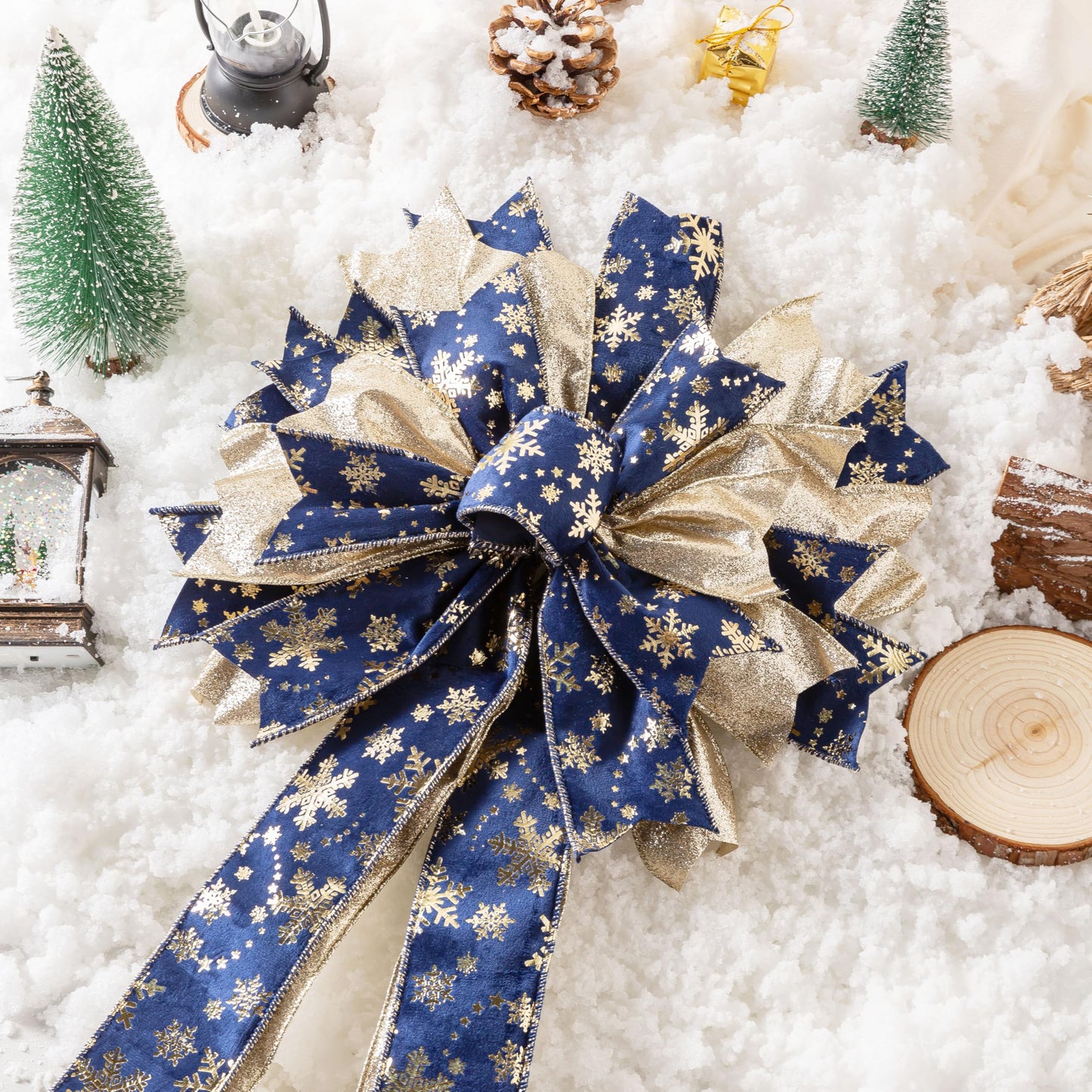 Blue Gold Christmas Tree Topper, 40x13 Inches Toppers Bow with Glitter Satin Mesh Streamer and Patterned Ribbon, Christmas Tree Topper Bow for Christmas Home Decoration