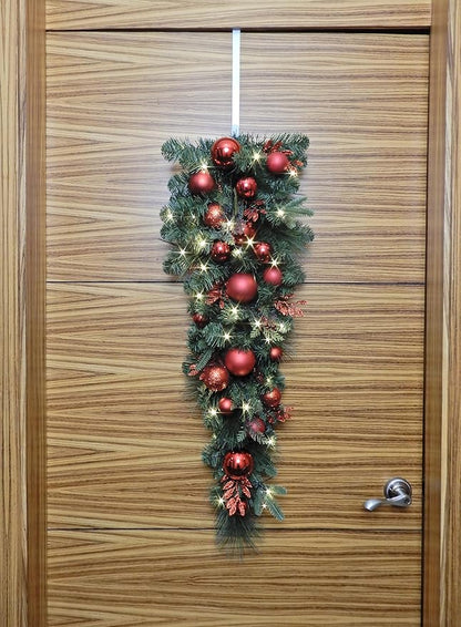 3.5 Feet Pre-lit Christmas Ornament Artificial Pine Teardrop w 23 Red Balls Real Grapevine Base (30 LED Lights, 8 Flash Options) for Xmas Decor at Shop Home Table Cabinet Door Wall Window (Battery)